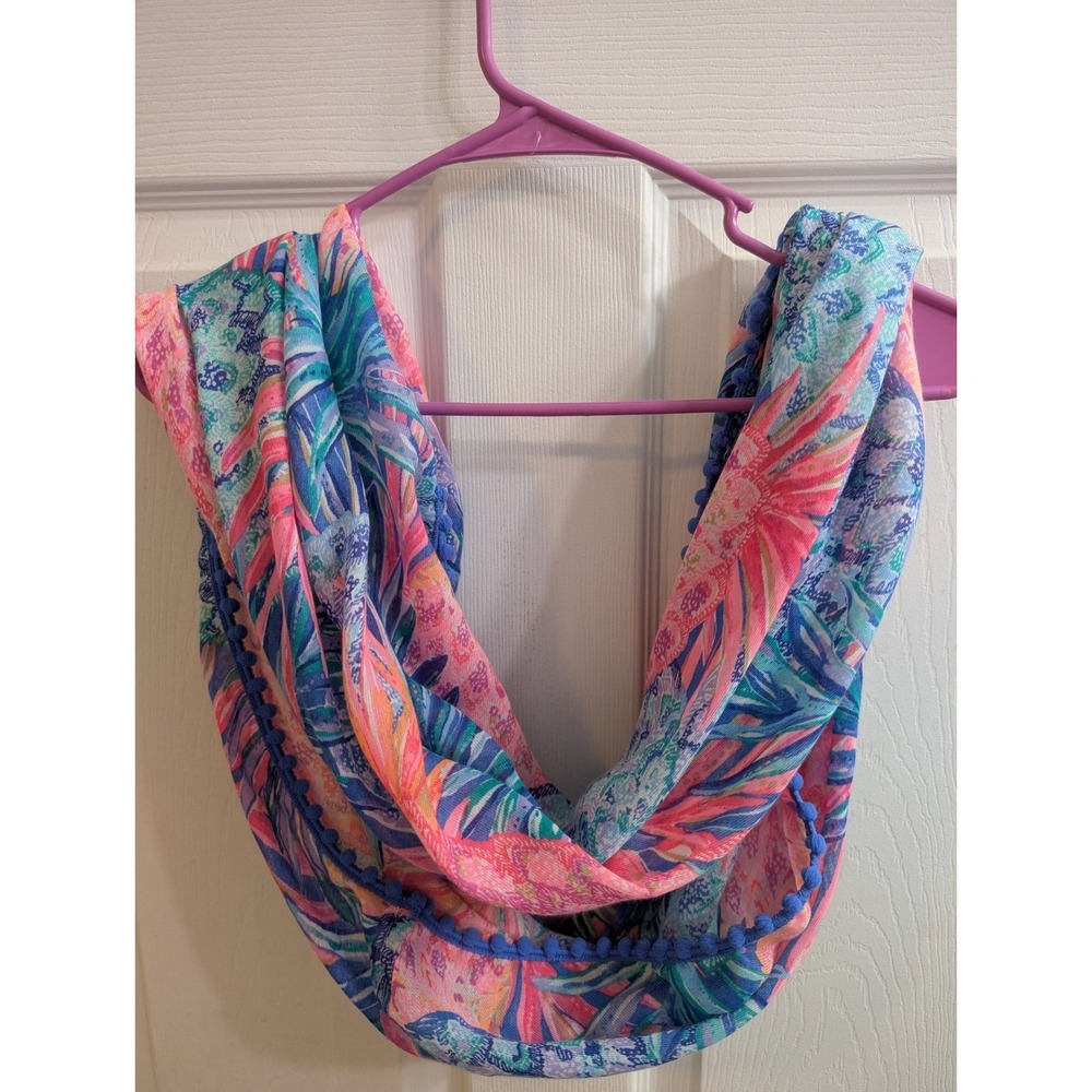 Lilly Pulitzer Infinity Scarf Tropical Print Blue Pink Pom Pom Trim Women